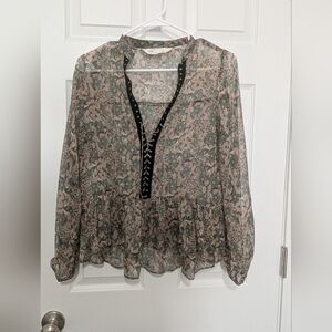 Zara, Medium, Floral Lace Up Peplum Blouse,‎ Long Sleeve, Bohemian, Sheer